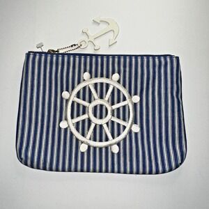 Talbots Pouch Purse Blue and White Striped Embroidered Leather Anchor Tag Zip